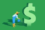 Illustration of a gardener watering a bush shaped like a dollar sign to symbolize ESG and green investing